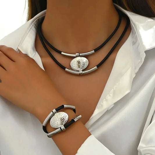 Vintage Oval Metal Faux Leather Necklace Bracelet For Women Fashion Gold Silver Color 2Pcs/Set Double Layered Chain Jewelry S