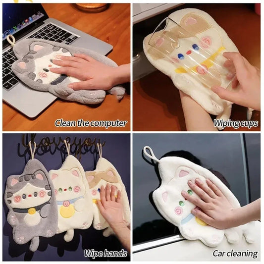 Cute Cat Hand Towel Quick Drying Kitchen Cleaning Rag Coral Velvet Cartoon Animal Absorbent Bathroom Hanging Towel Home Suppl