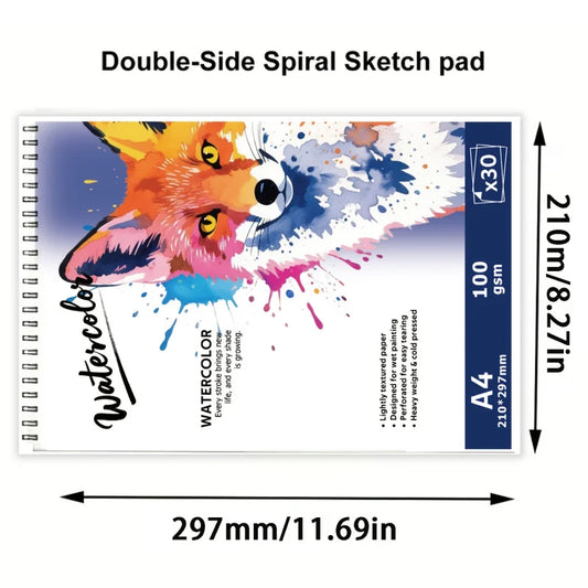 A4 /A5Spiral-Bound Watercolor Pad, 30 Pages, 100gsm Rough Paper, Wolf-Patterned Cover, Acid-Free for Artists & Hobbyists