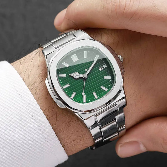Luxury Men Business Watches Fashion Square Dial Stainless Steel Strap Quartz Watch with Calendar For Mens Clock(Without Box)