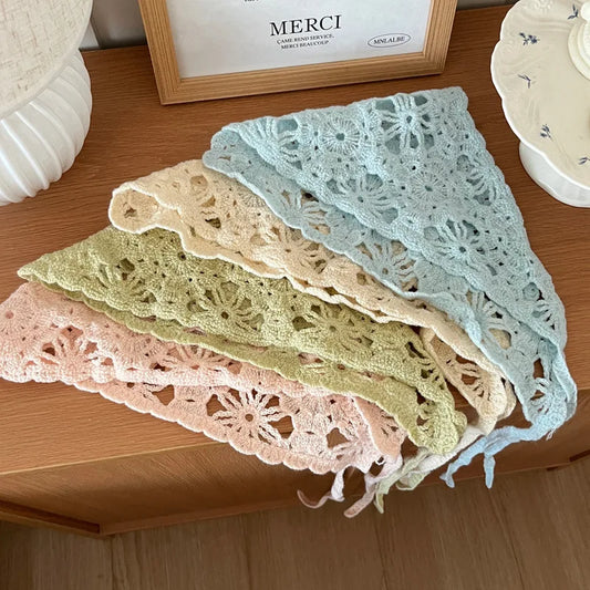 Fashion Knitted Headscarf Women French Pastoral Style Triangle Headband Handmade Crochet Headband Towel Retro Flower Headscar