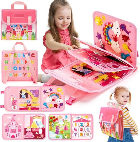 Toddler Busy Board Montessori Toys Learning Educational Activities Travel Toy Dinosaur Dress up Sensory Life Skill Backpack