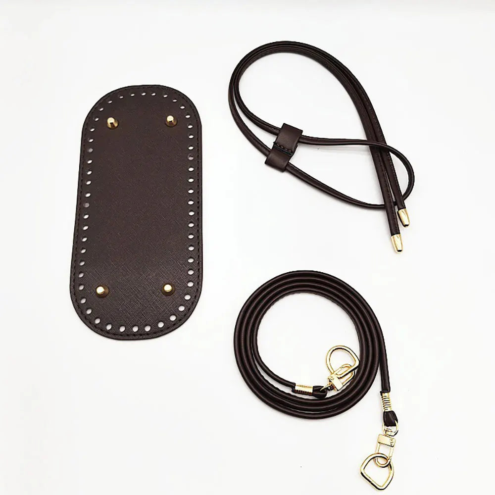 3Pcs DIY Purse Making Kit with Chain PU Leather Bucket Bag Base & Shoulder Strap Crochet Handbag Accessories - 3Pcs Dark Br