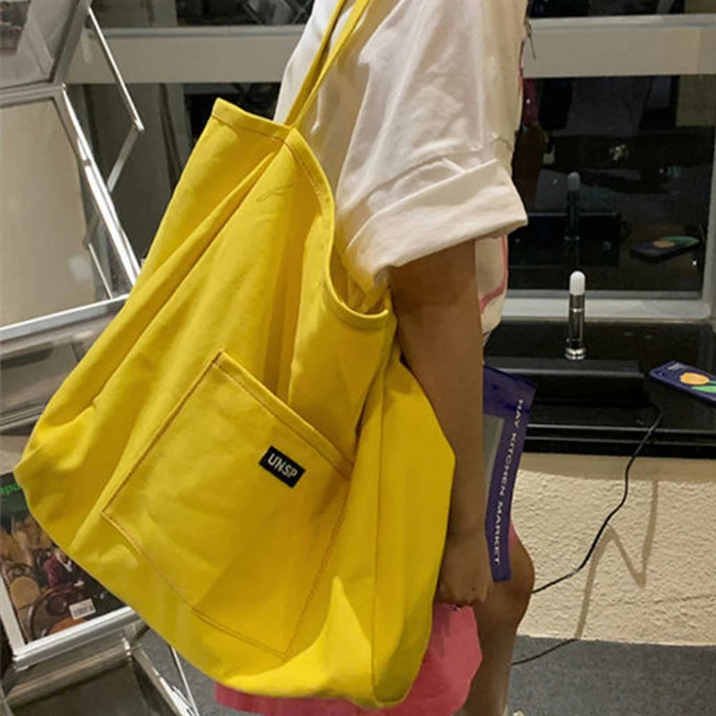 Canvas Bag Reusable Shopping Shoulder Bag Women Simple Casual Daily Use Handbag Totes Female Portable Folding Purse - yellow