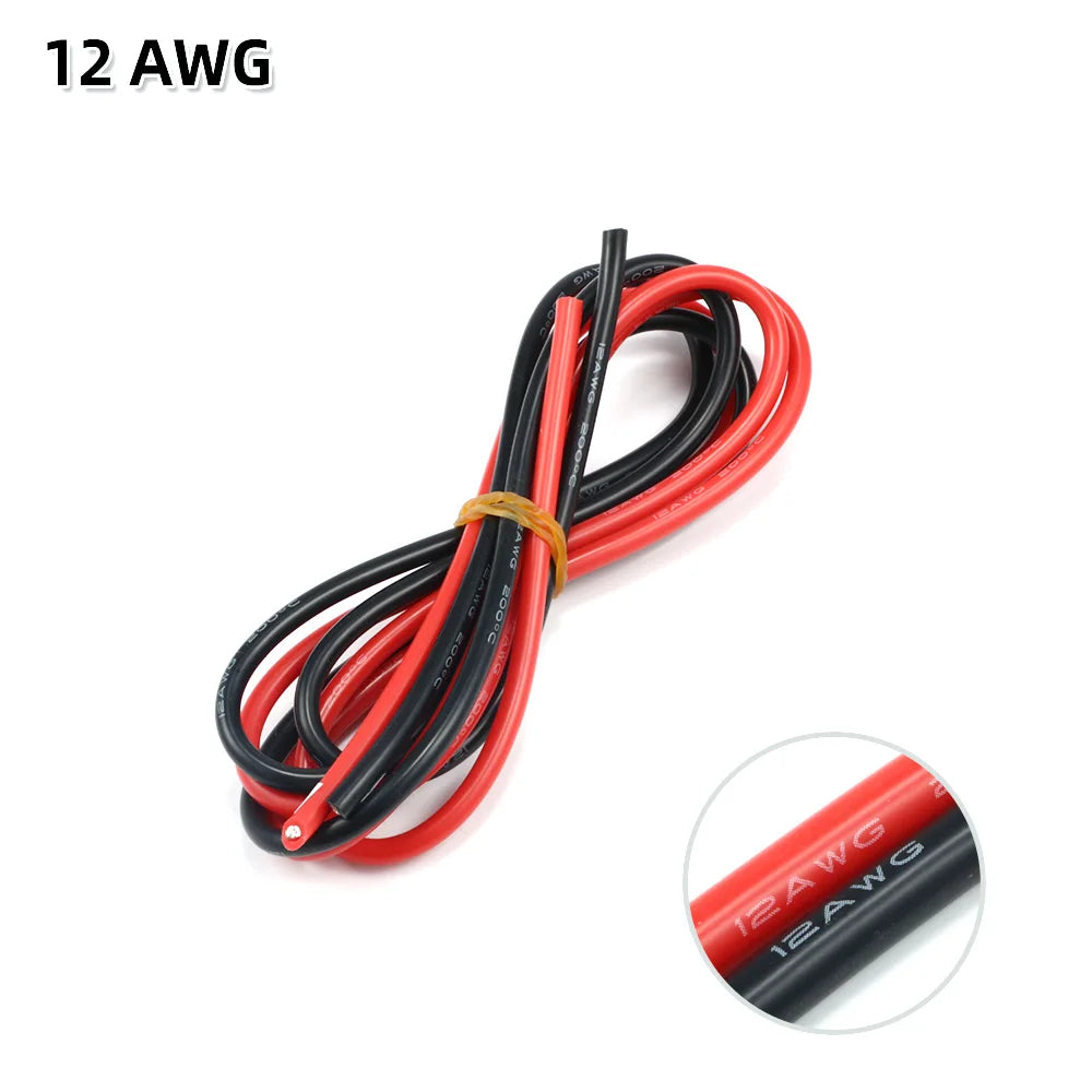 2 Meter Silicon Wire 8 10 12 14 16 18 20 22AWG Heatproof Soft Silicone Silica Gel Wire Cable (1Meter Red+1Meter Black) ) - 12