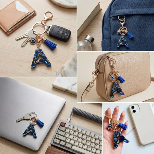 Blue Resin Initial Keychain - Evil Eye Letter Charm with Rhinestones & Tassel, Stylish Gift for Women, Lobster Clasp Accessor