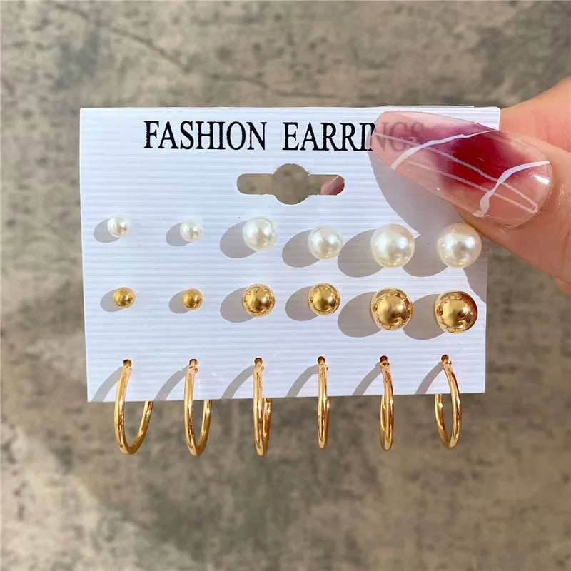 Fashion Geometric Hoop Earrings Set for Women Vintage Bohemian Pearl Gold Color Round Earring Punk Daily Wear Jewelry Gifts 2