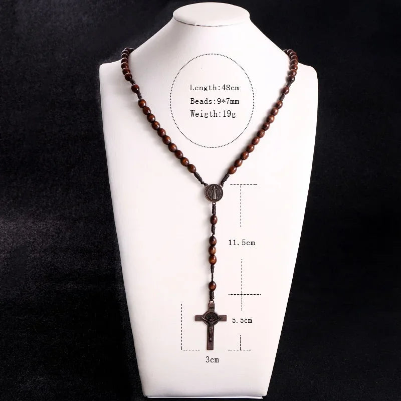 Christ Jesus Wooden Beads 8mm Rosary Bead Cross Car Pendant Woven Rope Chain Necklace Religious Orthodox Praying Jewelry