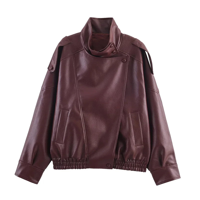 Women's Jacket 2026 Autunm New Black Long Sleeve Pebble Faux Leather Jacket Motorcycle Style Personality Fashion