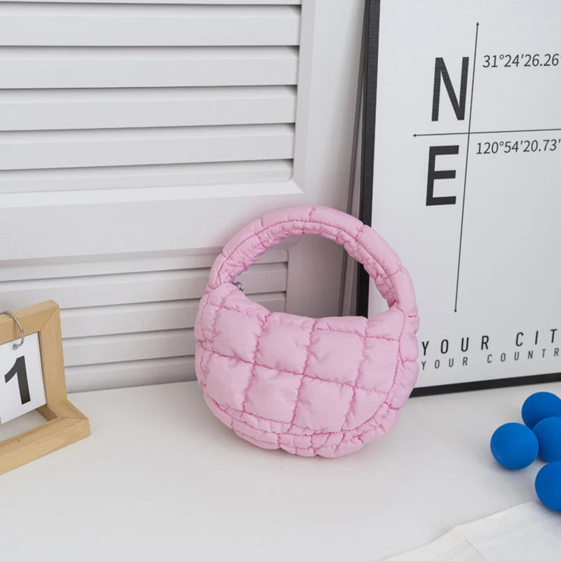Fashion Mini Puffer Tote Bag Quilted Circle Phone Purse Elegant Purple Soft Nylon Padded Key Pouch Simple Trend Handbag - A14