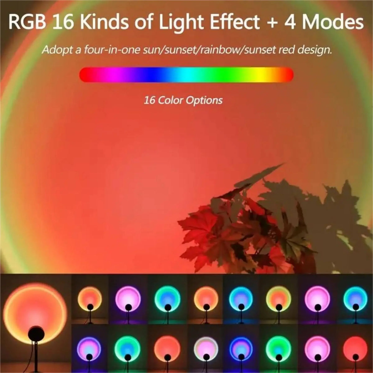 1pc Vibrant Sunset Projection Light - 16-Color Spectrum, USB Remote Control, Dynamic Color Changing LED Light - Creates Warm