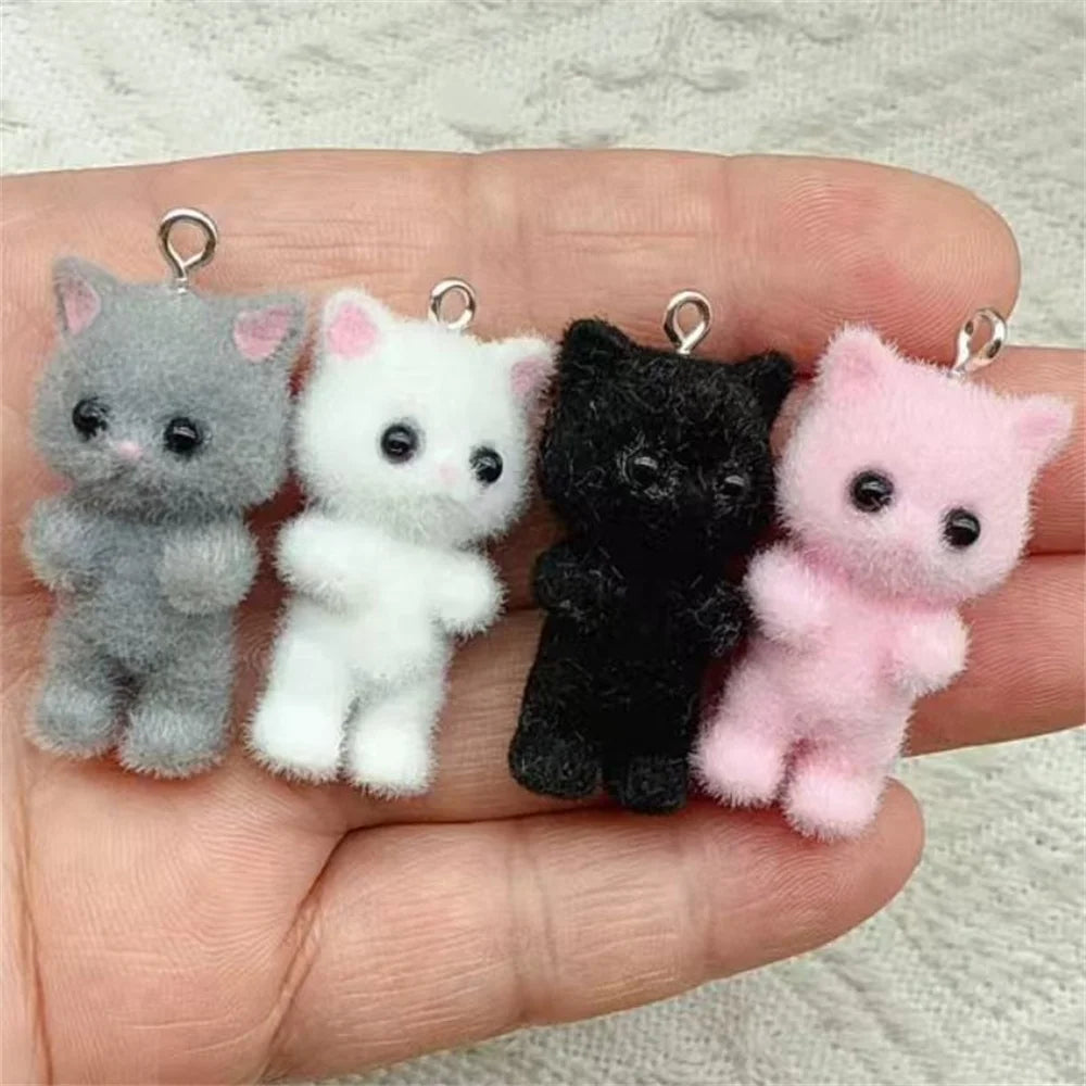 4pcs Kawaii 3D Fluffy Flocking Resin Cat Animal Charms Pendant Colorful Keychain Necklace Pendant DIY Crafts Jewelry Making -