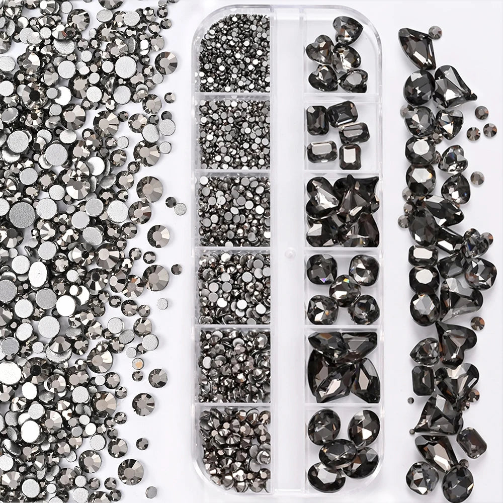 1Box 3D Clear Nail Art Rhinestones 12Shapes Mixed Oval,Butterfly,Heart,Flower,Round Diamond Nail Charms DIY Nail Art Decorati