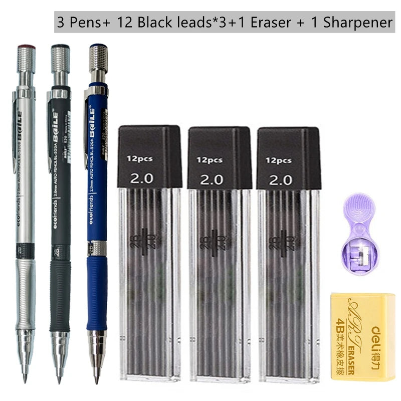 Mechanical Pencil Set 2.0 mm with 2B Black/Colors Lead Refill For Writing Sketching Art Drawing Painting School Automatic Pen