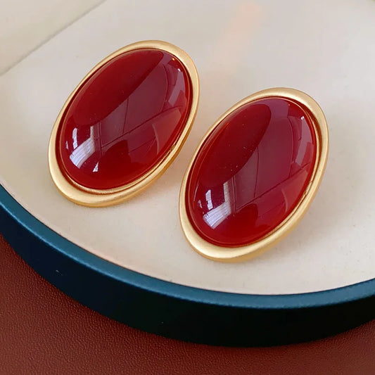 Vintage Red Resin Women's Earrings Stud Earrings Luxury large Geometric Oval earrings Party Wedding Ear Jewelry