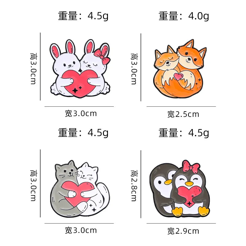 4PCS Cartoon Animal Heart Lovers Enamel Pin Creative Penguin Cat Rabbit Fox Metal Brooch Badge Backpack Clothing Hat Accessor