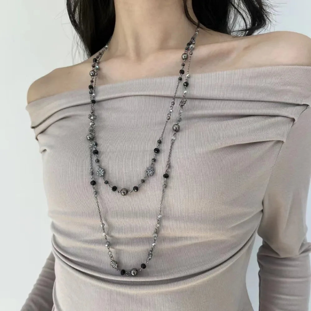 Bohemian Double-layer Flower Necklace Long Beaded Sweater Chain Y2K Style Stackable Geometric Necklace - Black