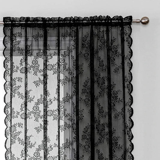 1pc Vintage Floral Embroidery Clear Black Lace Curtain Panel - Privacy & Light Filtering, Machine Washable,
