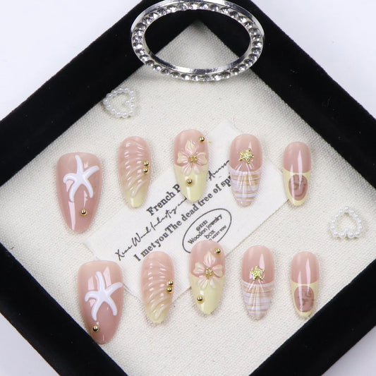 y2K 10PCS Hand Made Press On Nail-Short Almond Glue On Nails-Tropical Flowers Starfish And Golden Pearls Press One As gifts
