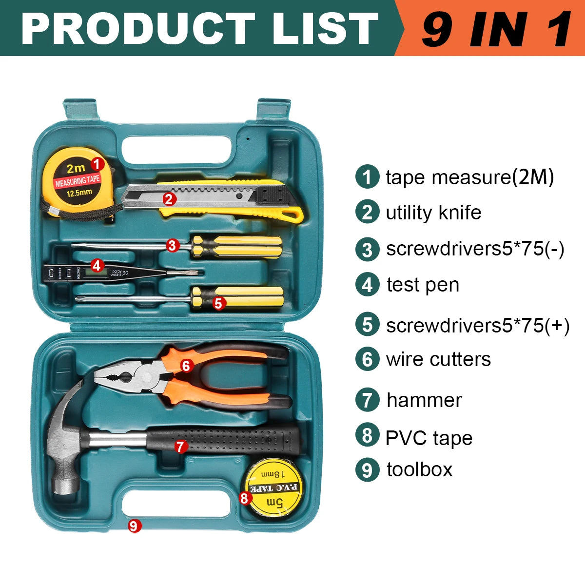 8/9/12/13Piece Tools Set General House hold Hand Tool Kit with Plastic Toolbox Storage Case Used to Car repair And home Repai