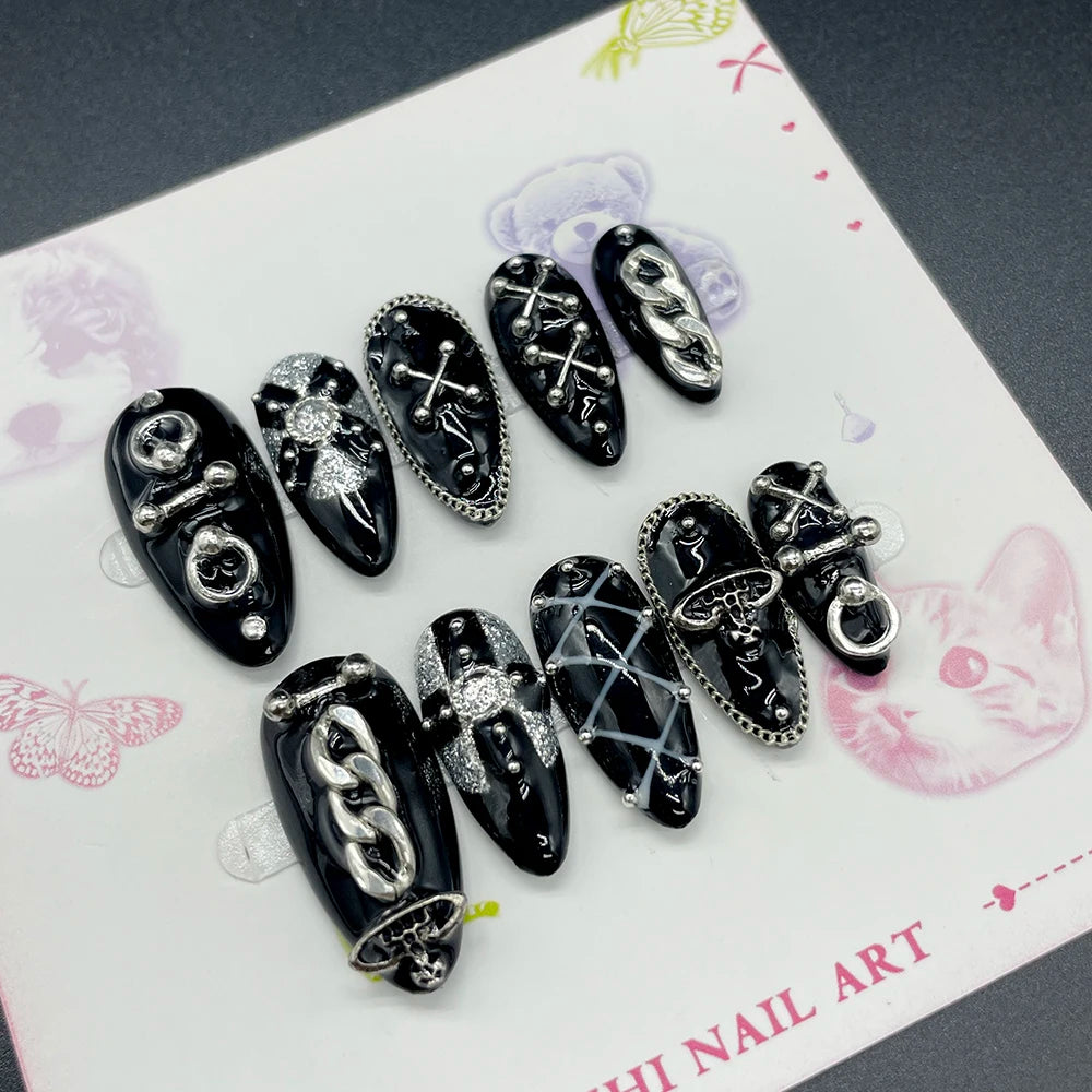 10Pcs Handmade Black Almonds Press On Nails Metal Chain Cool Fashion False Nail Reusable Full Cover Charm Nails Art