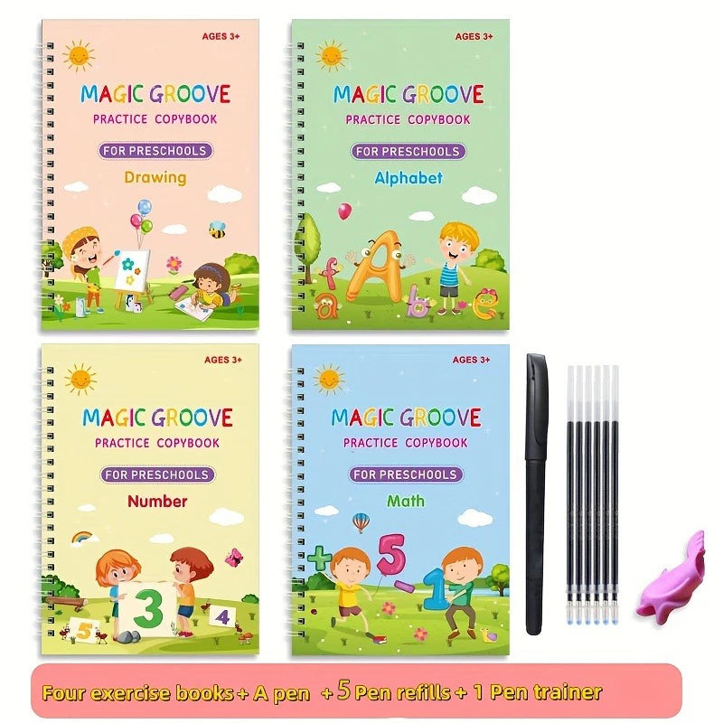4pcs/set Reusable Children 3D Copybook for Calligraphy Numbers Handwriting Learning Math Book Writing for Kids Toys - 4 books