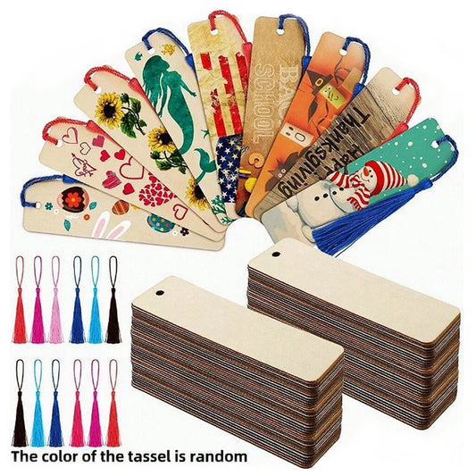 10/30/50/70Pcs Wooden Blank Bookmarks with Tassels Set DIY Wooden Craft Bookmarks Square Tag Wedding Birthday Party Decor