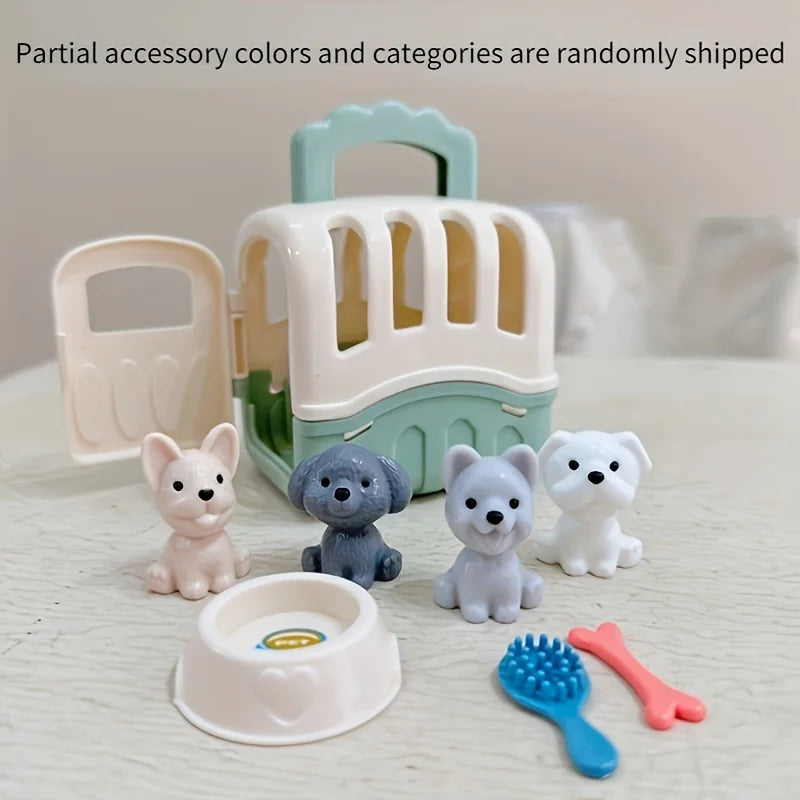 8pcs/set Cute Dog Pet Basket Family Toys Dog Doll Set Dog Cage Toys Scene Playing Toys Christmas Decoration Gifts - light gre