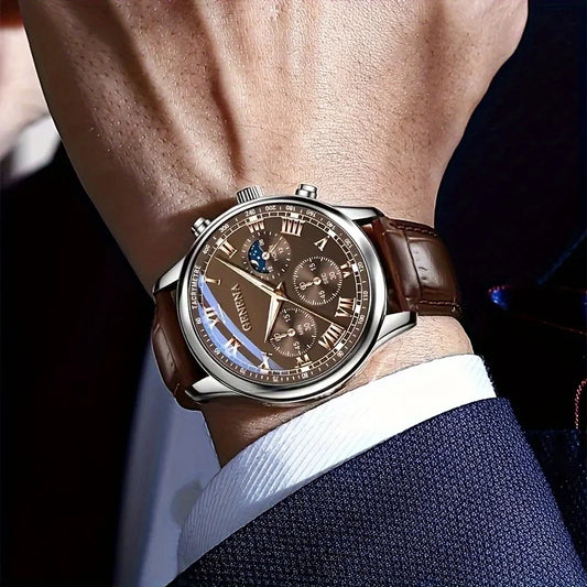 GENEVA Men's Luxury Belt Fashion Quartz Watch Men Round Business Student Sport Waterproof Glow Clock