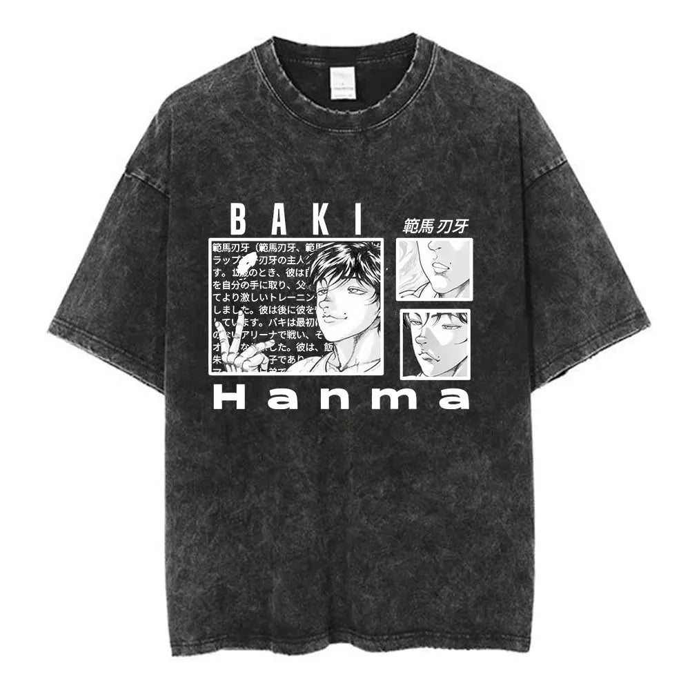 Vintage Washed T Shirt Anime Baki The Grappler T-shirt Hanma Yujiro Gym Short Sleeve T-shirts Oversized Cotton Casual Tee Shi