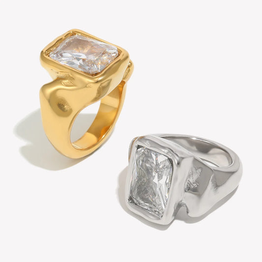 E.B.belle Gold Plated Deep-patterned Square Zircon Ring Simple Statement With Irregular Design Tarnish Free Women's Jewelry