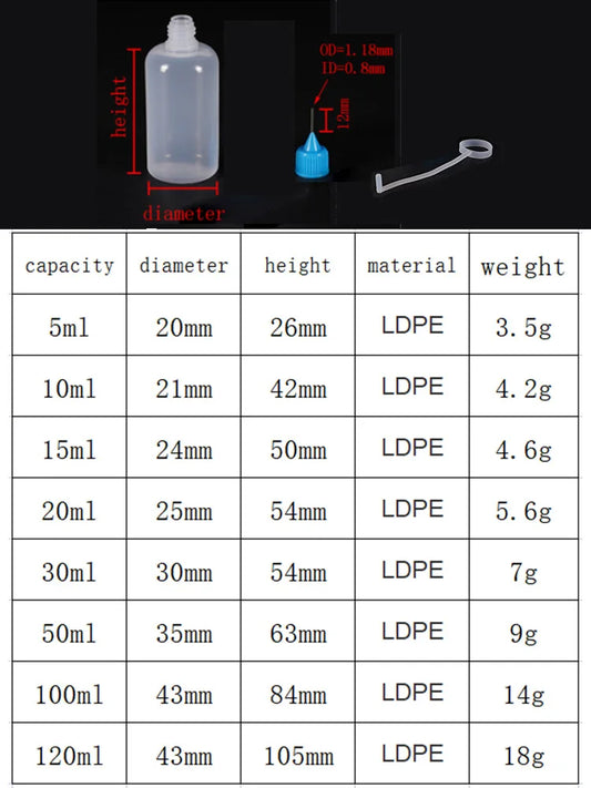 5ml 10ml 20ml 30ml 100ml 120ml PE Plastic Squeezable Tip Applicator Bottle Refillable Dropper with Needle Tip Caps Oil Bottle