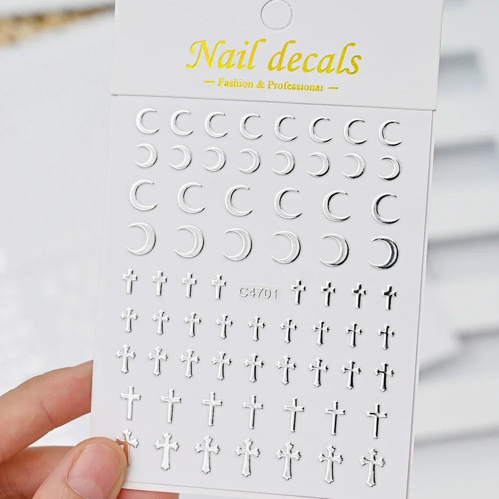 6 Sheets Metal Silver Nail Stickers Metallic 3D Star Nail Art Stickers Decals Self-Adhesive Nail Art Stickers Metal Chain Hea