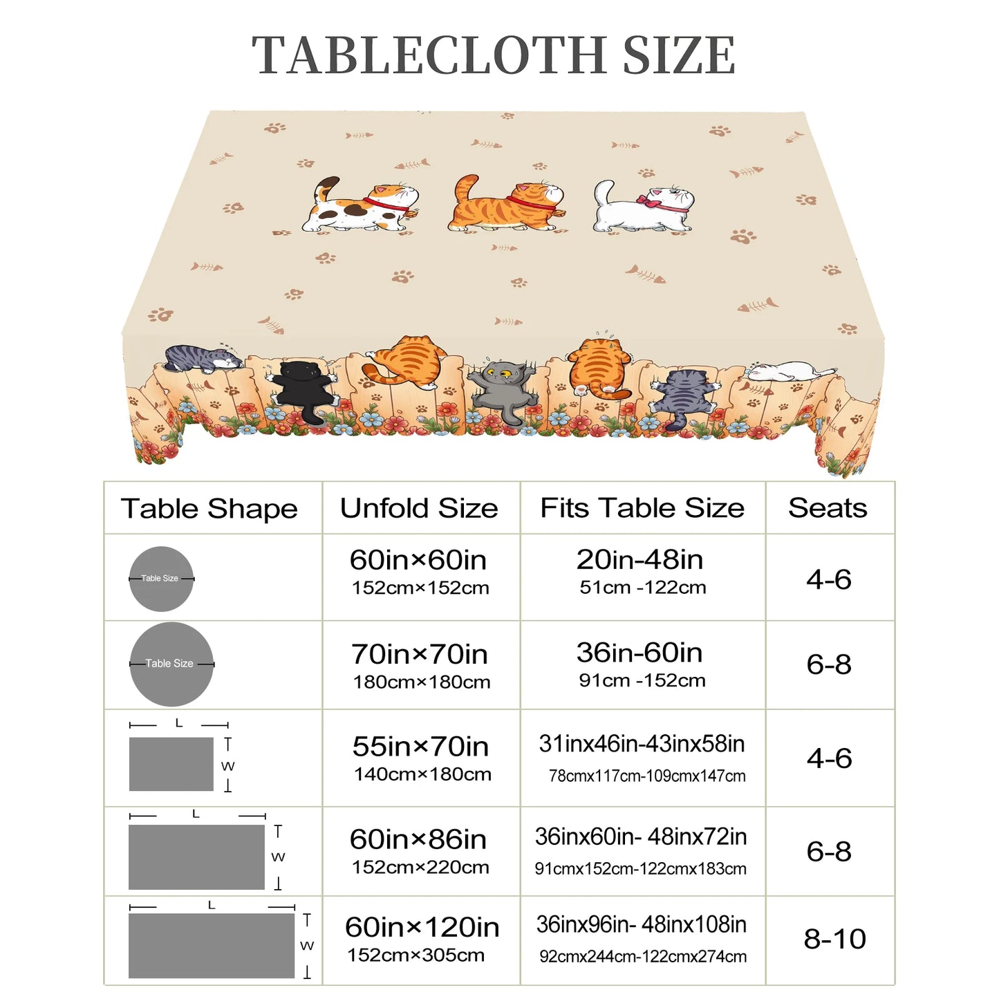 1 Piece of Cute Cat Round Tablecloth, 5 Sizes Available, Cute Cartoon Cat Pattern Printed Desk Tablecloth, Edge Embossing Pro