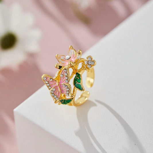 Aesthetic Flower Butterfly Rings for Female Romantic Rhinestone Stylish Non-fading Opening Ring Women Wedding Jewelry Party G
