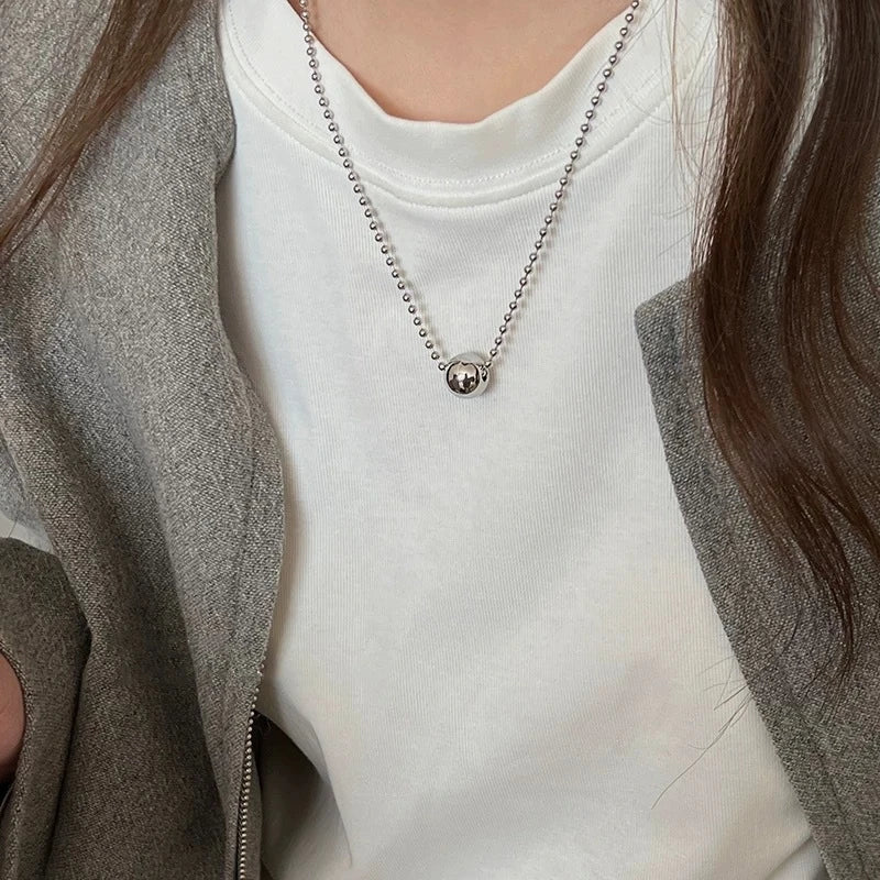LATS Personality Stainless Steel Beaded Ball Pendant Necklace for Women Silver Color Double Layer Hip Hop Rock Chokers Jewelr