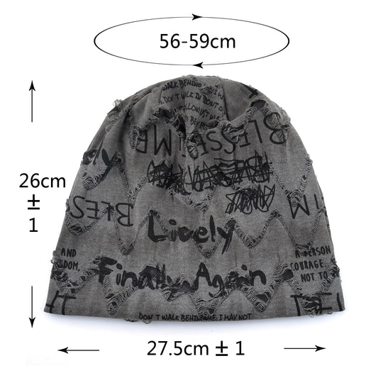 Letter Print Beanie Hats For Women Men Vintage Distressed Cracked Design Wasteland Style Spring Summer Warm Fleece-lined Win