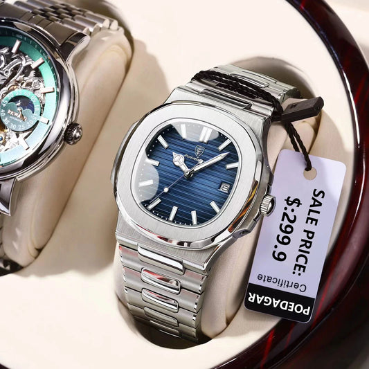 POEDAGAR Square Luxury Men Wristwatch Waterproof Luminous Date Stainless Steel Male Clock Business Sports Quartz Watches For