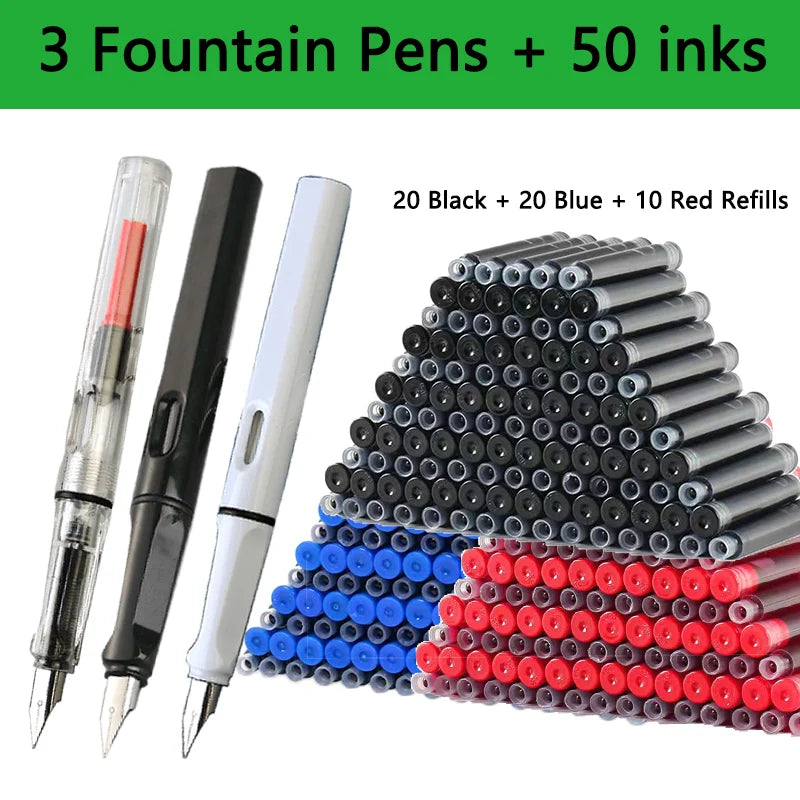 53Pcs Fountain Pen Replaceable Ink Set Black/Blue/Red ink EF School Pens Office Supplies Stationery for Writing Calligraphy P