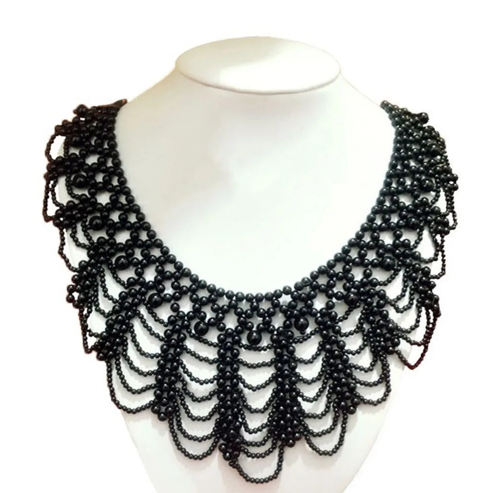 Pearl Beaded Lace Trim Collar Ribbons Women Necklace Jewelry for Clothes Wedding Dress - black