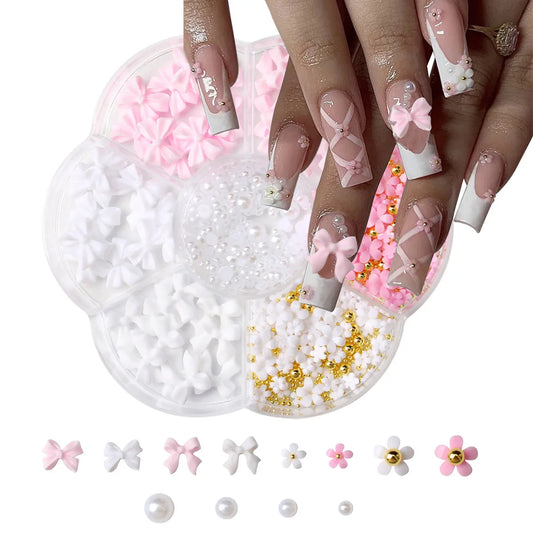 1box 3D Flower Bow Nail Art Decorations Kit Pink/White Acrylic Floral/Peal Beads Nail Charm with Wax Pen/Tweezer 4/6mm Nail P