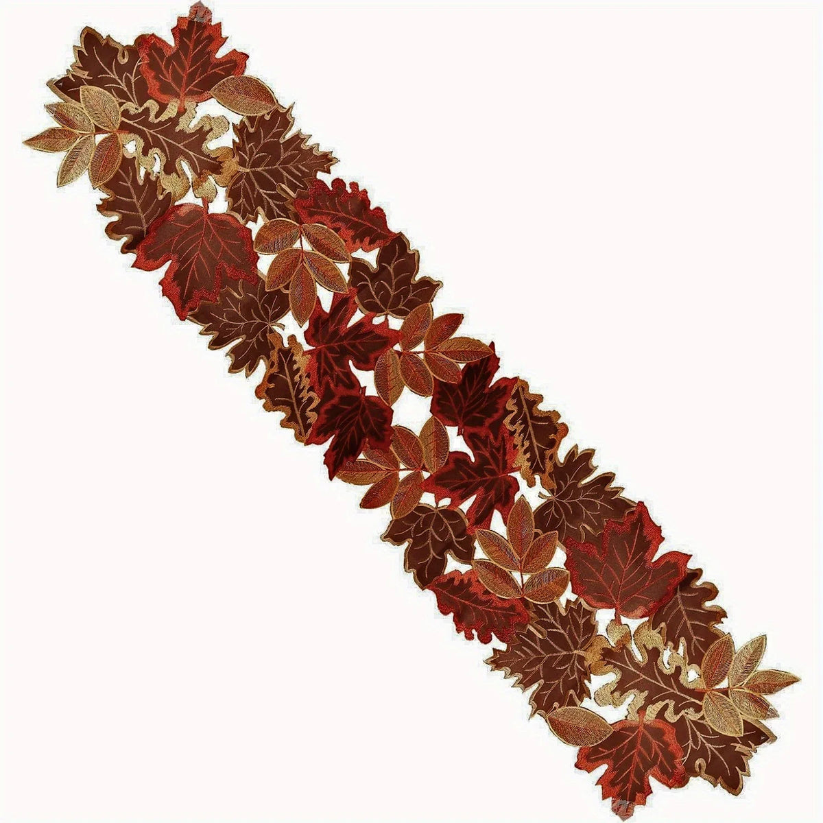 1pc Autumn Maple Leaf Embroidered Table Runner, Flocked Brown Maple Design, Rustic Farmhouse Thanksgiving Harves - 35x176cm