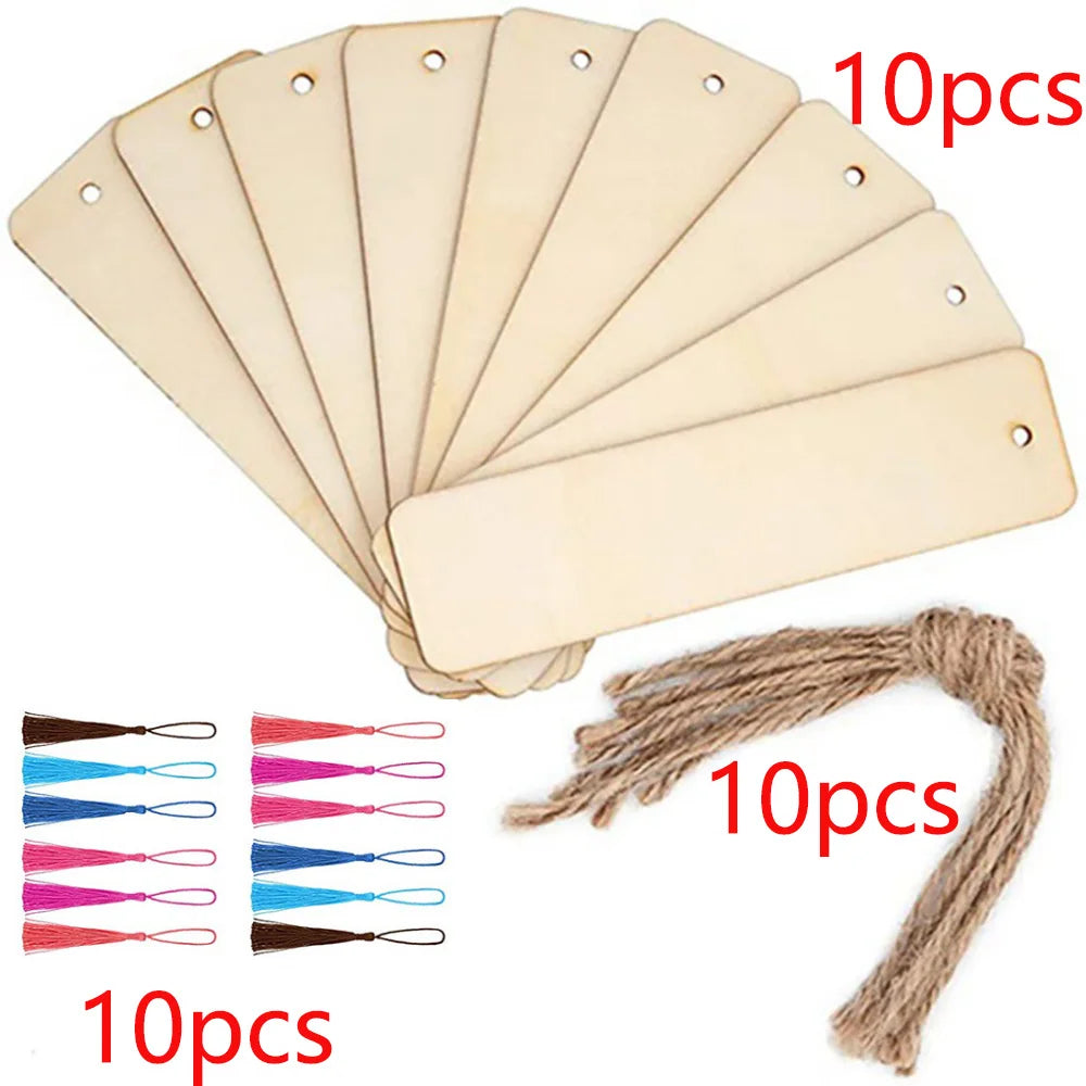 10/20/60Pcs Wood Bookmark Bulk Blank Hanging Label Wooden Bookmarks Sign Unfinished Label Ornaments With Tassel Ropes DIY Cra