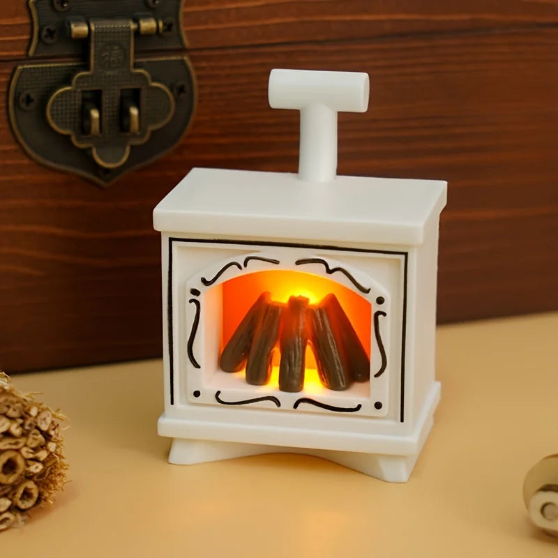 Dollhouse Miniature Fireplace Glowing Stove Model House Furniture Kitchen Living Scene Christmas Decor Toy - White