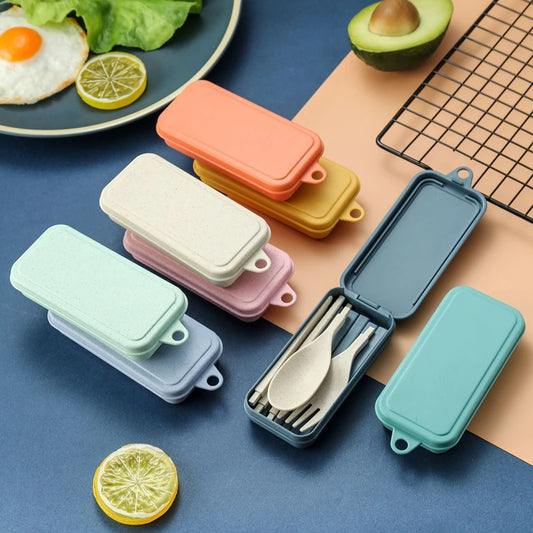 4Pcs Portable Tableware Set Wheat Straw Dinnerware Detachable Cutlery Travel Tableware Picnic Dinnerware Set Camping Cutlery