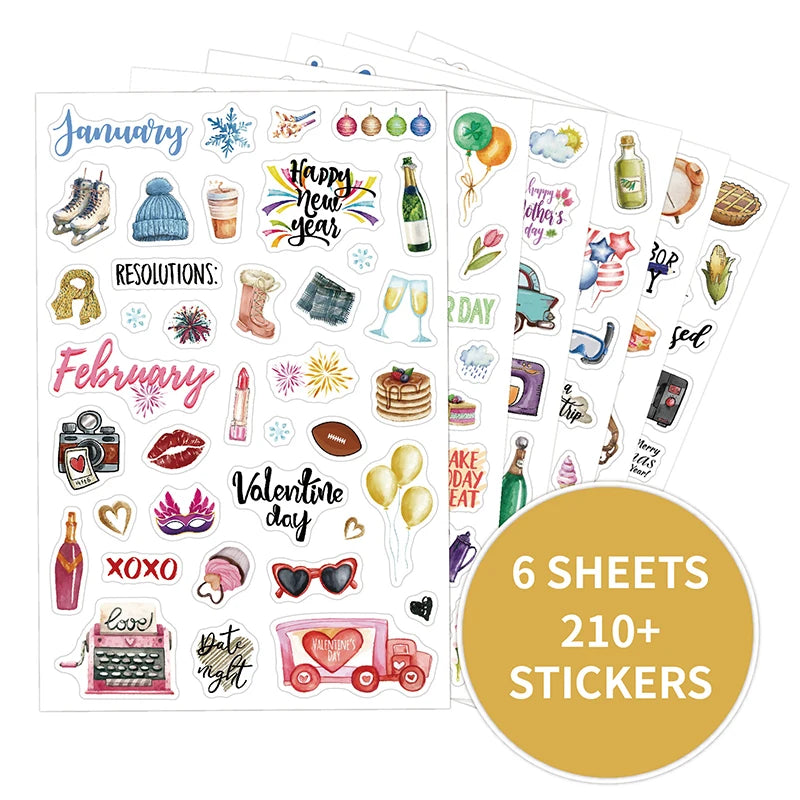 210 Cartoon-themed Planner Stickers English Schedule Management Labels Daily Journal Decorations Holiday-themed Index Tabs -