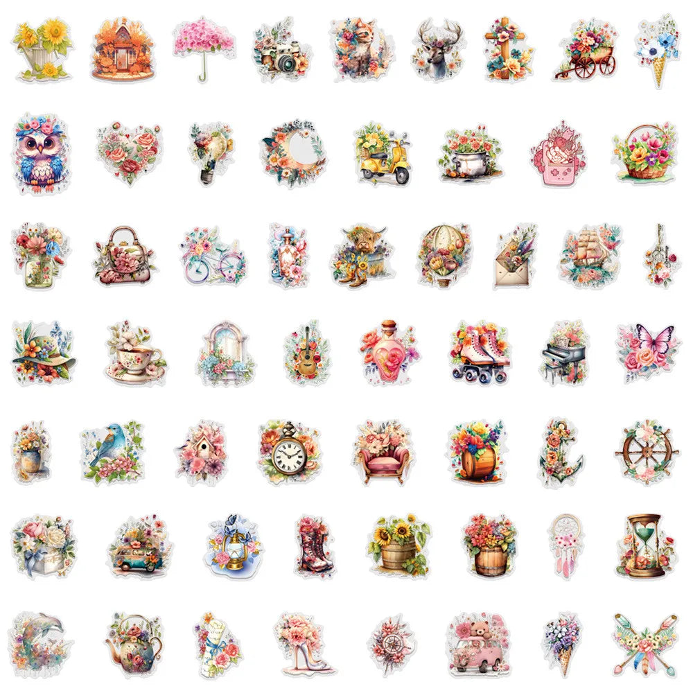 57 Pcs New "Adding Prosperity" Sticker Pack-Waterproof Transparent PET Journal Flower Supplies Decor(LanLanStickersWorld Stor