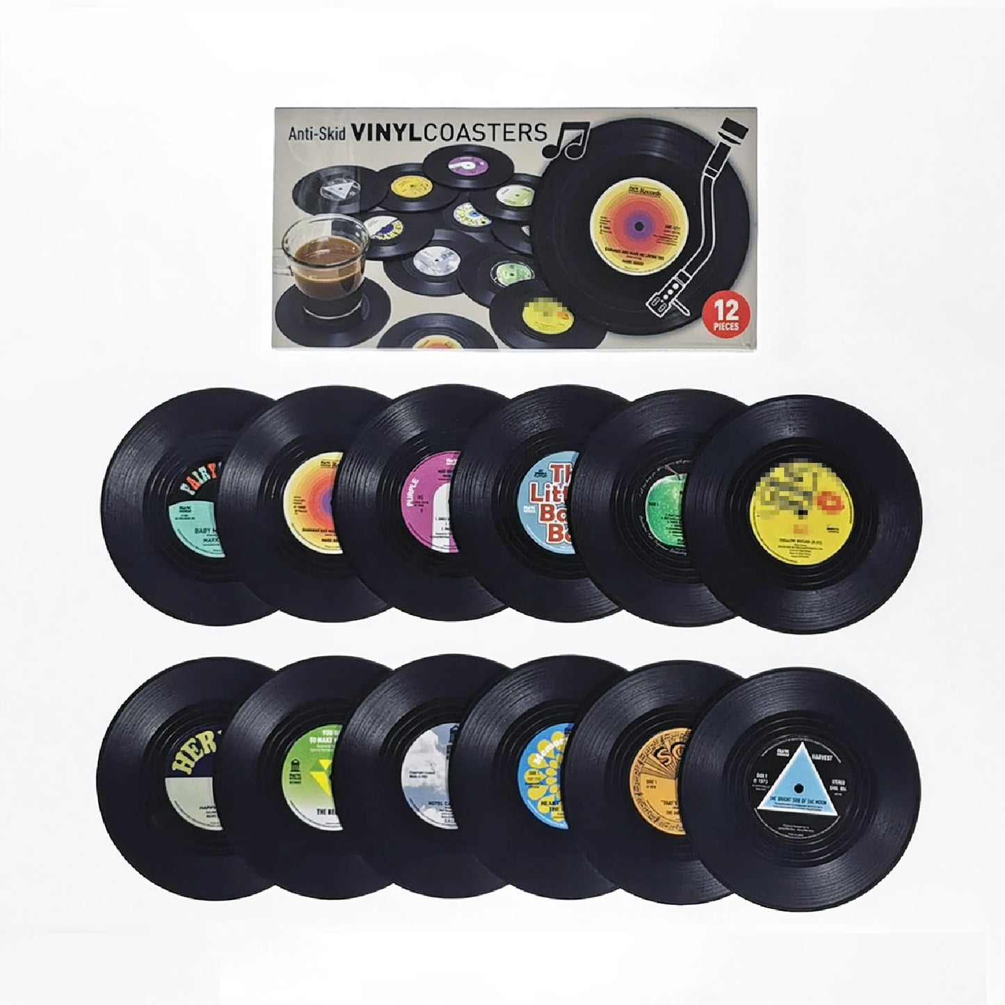Set of 6 Vinyl Coasters for Drinks Music Coasters with Vinyl Record Player Holder Retro Record Disk Coaster Mug Pad Mat Creat