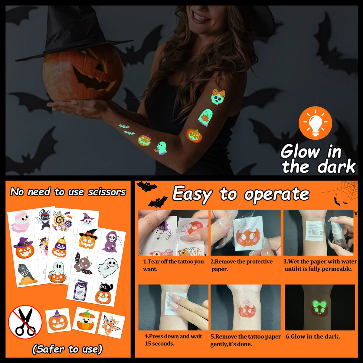Glow-in-the-Dark Halloween Temporary Tattoos, with a variety of patterns, are suitable as party decorations and gifts,36 shee