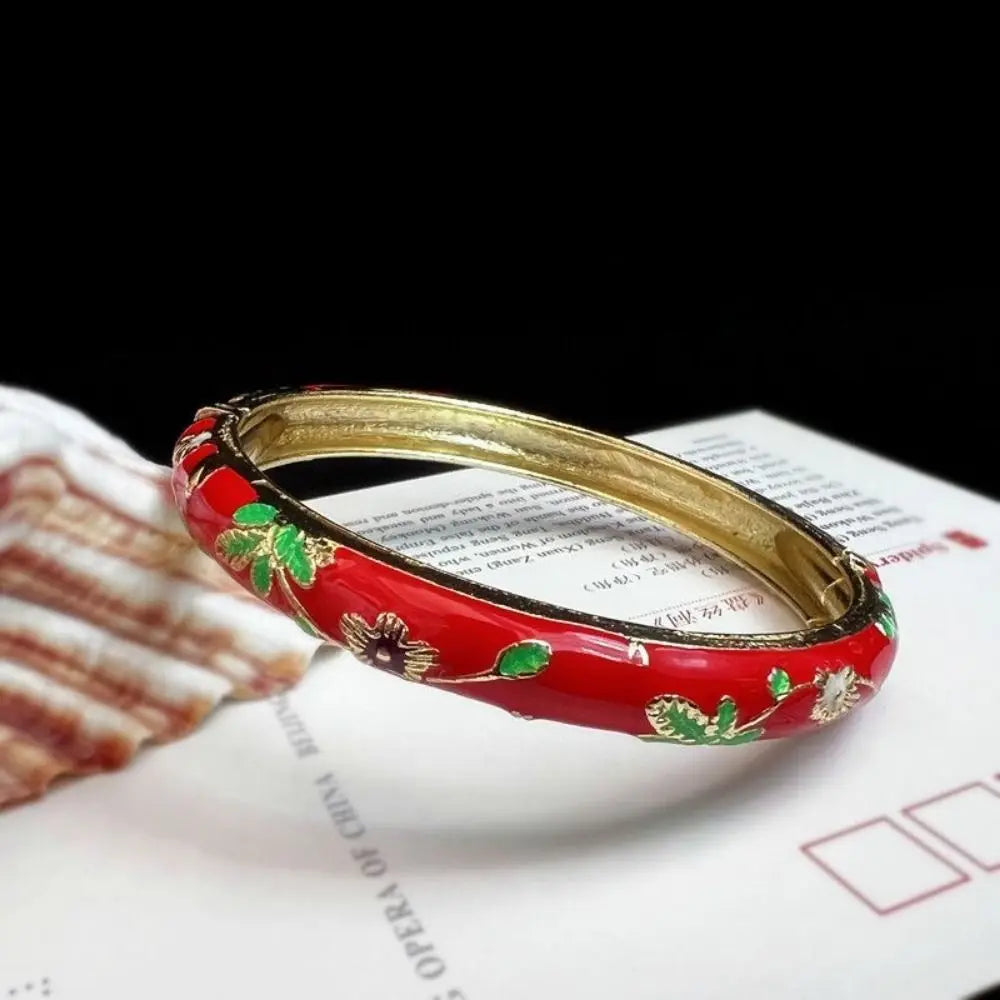Enamel Chinese Cloisonne Bracelet Double Bangle Traditional Peony Filigree Flower Bangle Ethnic Vintage Women's Hand Bracelet